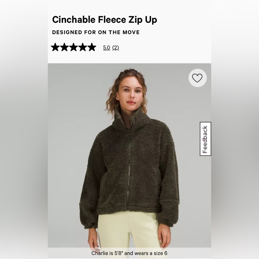 Lululemon cinchable fleece zip up size 4 olive colour